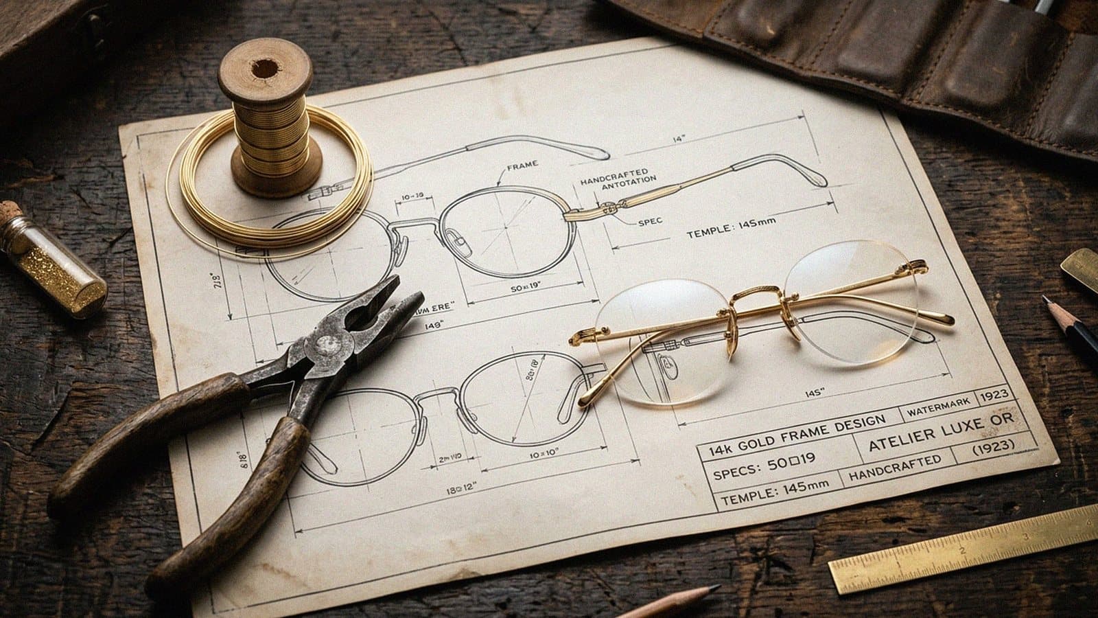 Frame blueprints and gold-rimmed glasses on the workbench