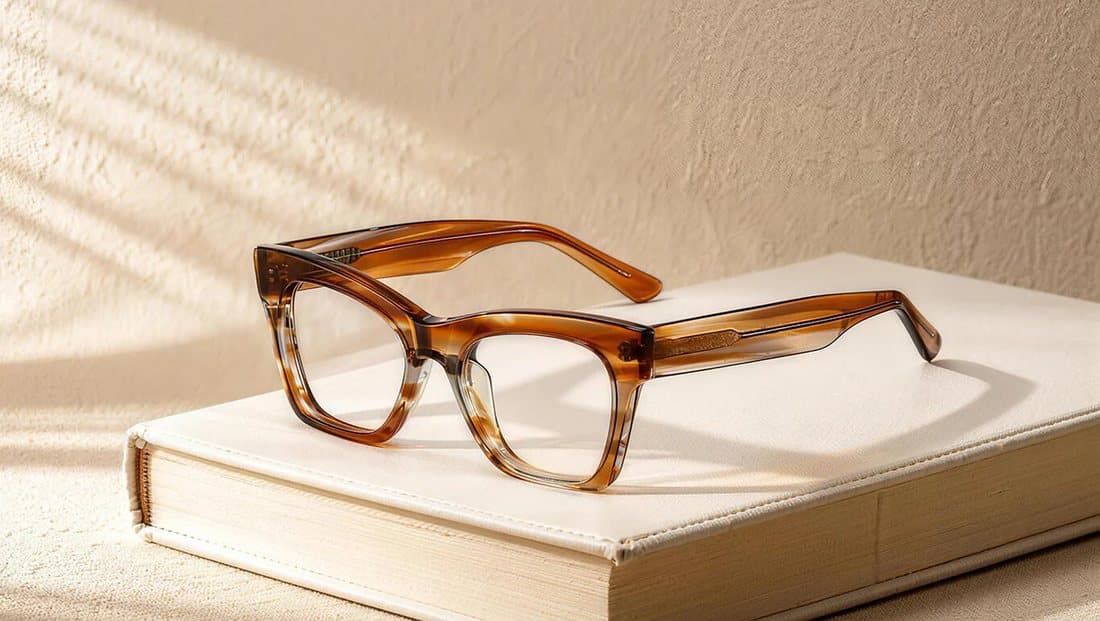 Tortoiseshell glasses resting on a linen book in warm light