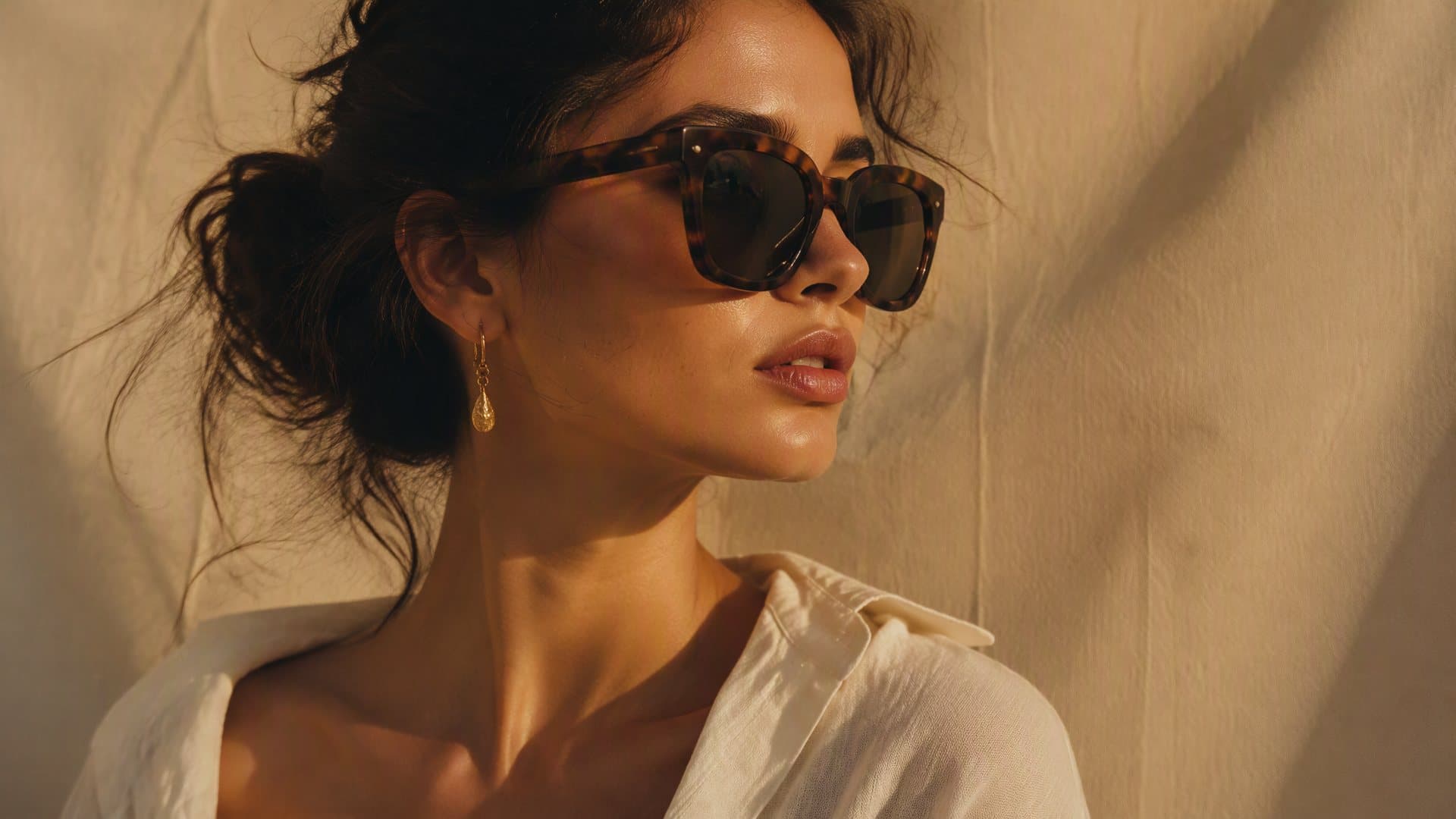 Woman wearing oversized tortoiseshell sunglasses in golden light